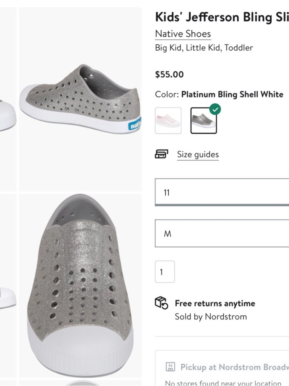 Native Kids Jefferson Slip-On Shoes in Platinum bling size 11 summer water